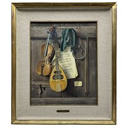 Walter Benoldi (Italian 1914-1985): Trompe L'œil Musical Instruments, oil on canvas signed 34cm x 27cm