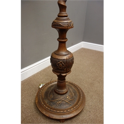  Late 20th century walnut barley twist and carved walnut standard lamp with shade, H184cm  