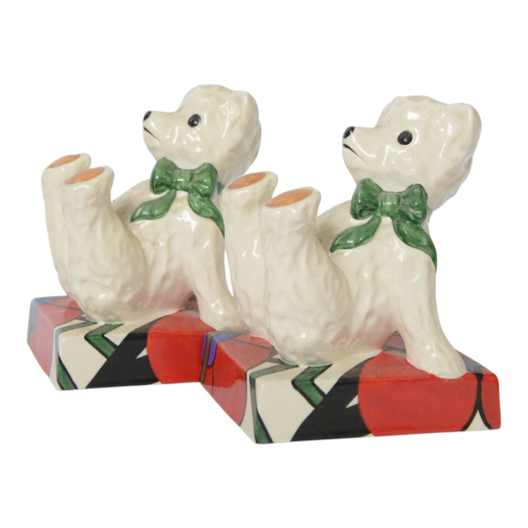 Wedgwood Bizarre by Clarice Cliff, Teddy Bear Bookends, hand painted based upon an original, limited edition 22/150, with certificate and box, H16cm