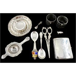 Collection of Danish silverware including tea strainer by Axel V Johansen, assay master Christian F. Heise, pair of grape scissors, dishes, cigarette case, napkin rings and spoons, all stamped or hallmarked and a miniature silver pig, approx 13.5oz