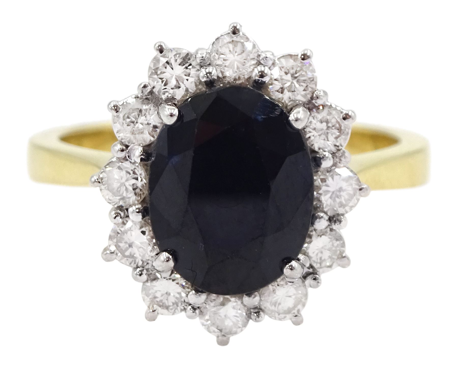 18ct gold oval sapphire and round brilliant cut diamond cluster ring, hallmarked, total diamond weight approx 0.55 carat, sapphire approx 2.60 carat