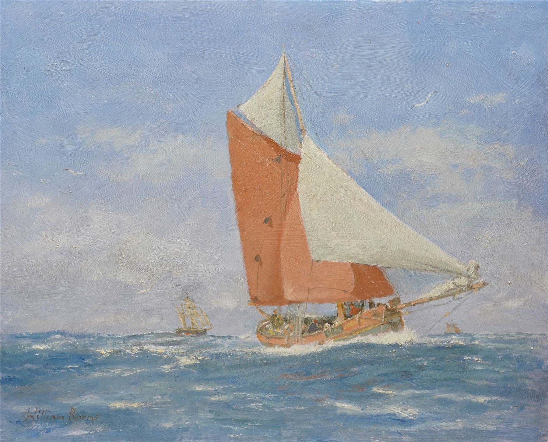William Burns (Northern British 1923-2010): 'Tall Ships - A Gaff Cutter', oil on board signed, titled verso 41cm x 51cm (unframed) Provenance: Direct from the family of the artist. 
Notes: Born in Sheffield in 1923, William Burns RIBA FSAI FRSA studied at the Sheffield College of Art before the outbreak of the Second World War, during which he helped illustrate the official War Diaries for the North Africa Campaign, and was elected a member of the Armed Forces Art Society. On his return, he studied architecture at Sheffield University and later ran his own successful practice, being a member of the Royal Institute of British Architects. However, painting had always been his self-confessed 'first love', and in the 1970s he gave up architecture to become a full-time artist, having his first one-man exhibition in 1979.