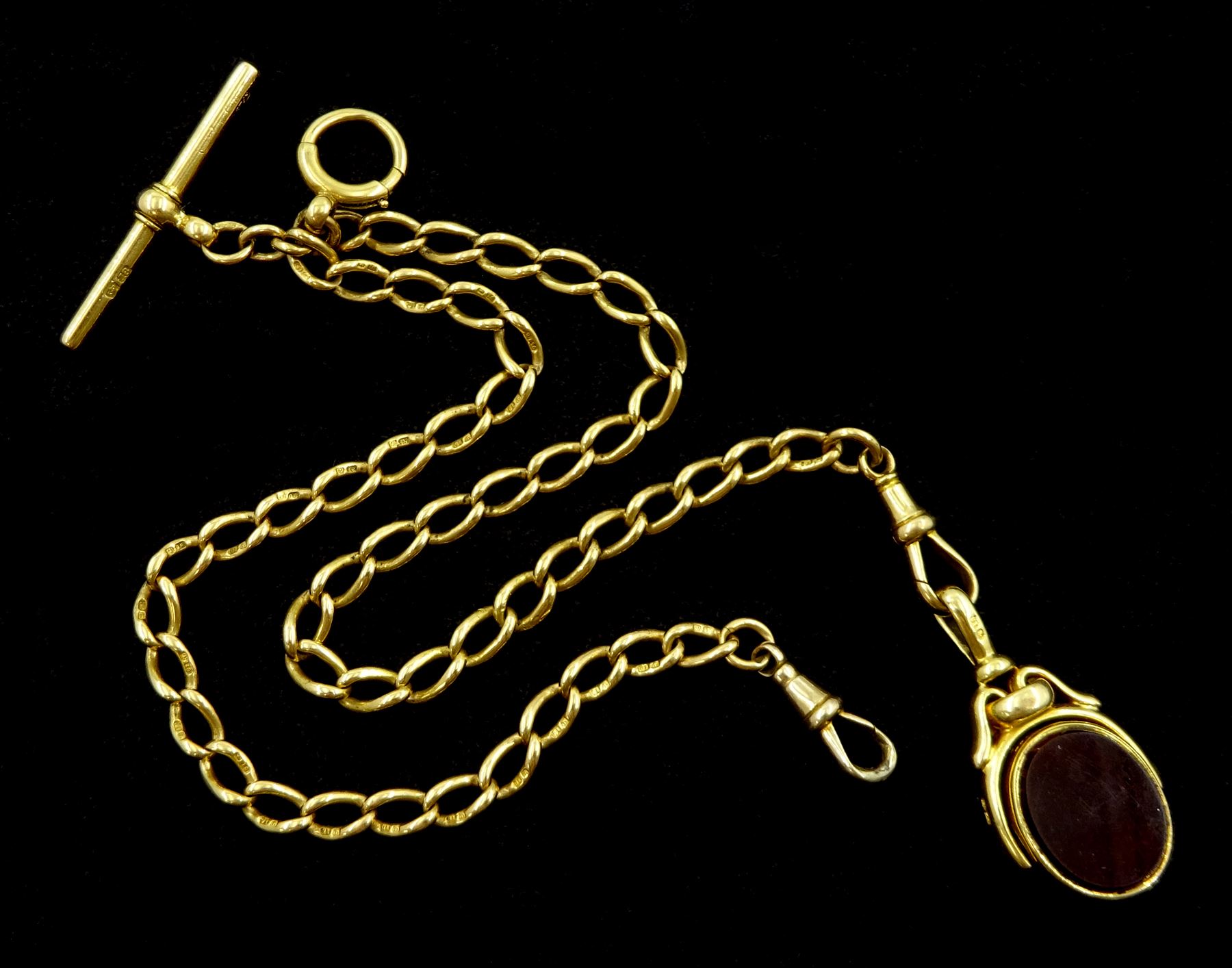 Victorian 18ct gold Albert chain, each link and one clip hallmarked, makers mark H.F & S, with 18ct gold bloodstone and carnelian swivel fob, Birmingham 1897
