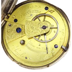 Victorian silver full hunter key wound fusee lever pocket watch by Cole & Son, Sherbourne, No. 783, case by James Oliver, London,1885 and one other silver open face fusee lever pocket watch, both with white enamel dials, Roman numeral hour markers and subsidiary seconds dials and two silver Albert chains with fobs