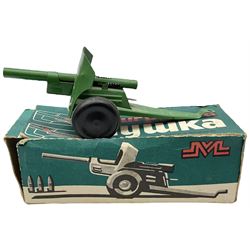 Various Makers - military vehicles comprising Schuco Kubelwagen and two Russian tanks, all boxed; and quantity of unboxed and playworn models including five Crescent Field Guns and Ammunition Limbers, Crescent Heavy Rescue Crane, Johilco Mobile Searchlight, Britains German Army BMW Combination, two Skybirds trucks etc; and a tin-plate armoured car.