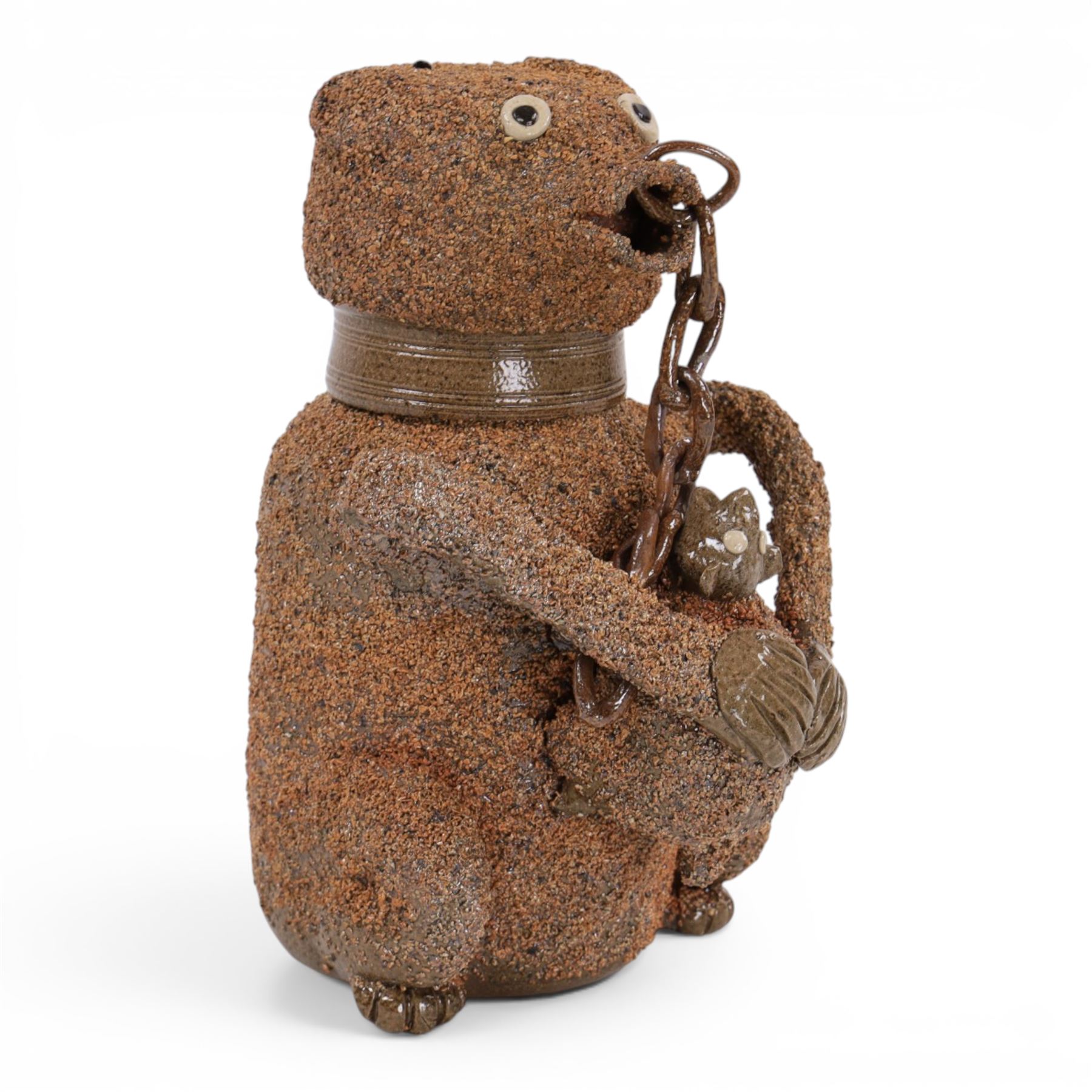 John Hudson; stoneware bear jar , in the manner of an 18th century Nottinghamshire salt glazed stoneware bear baiting jar and cover, H26cm