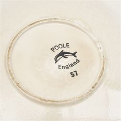 Poole pottery bowl, decorated internally with an abstract black and orange pattern, against a red ground, D27cm, together with a Christina Gray model of a Cheshire cat and an Art Deco vase (3)