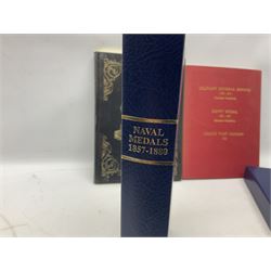 Six medal collectors reference books including Douglas-Morris Kenneth: Naval Medal 1857-1880. 1994 in slip-case; Casualty Roll For The Zulu and Basuto Wars South Africa 1877-79; Abbott P.E.: Recipients of the Distinguished Conduct Medal 1855-1909; Casualty Roll For The Crimea 1854-1855; and two others (6)