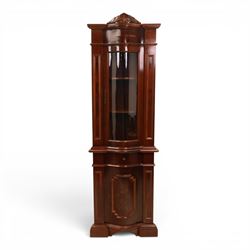 Victorian design mahogany corner cabinet, shaped carved cresting above bowed glazed upper ...