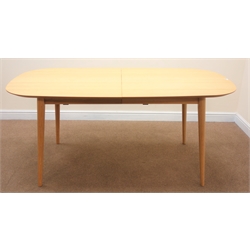  Rodgers of York light oak oval extending dining table, single leaf, turned tapering supports, W216cm, H77cm, D91cm  