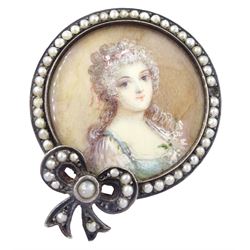 Three 19th century silver portrait brooches, each set with miniatures of women in 18th century dress on ivory, two with seed pearl surrounds and the other within a foliate paste set surround. This lot has been registered for sale under Section 10 of the APHA Ivory Act