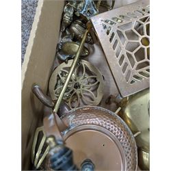 Copper and brassware, including three kettles, trivets and novelties