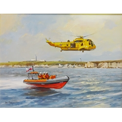  RAF Helicopter and RLNI Dingy off Flamborough, oil on board signed by Don Micklethwaite (British 1936-) 35cm x 45cm  