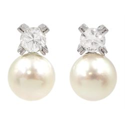 Pair of 18ct white gold round brilliant cut diamond and cultured pearl stud earrings, total diamond weight approx 0.90 carat