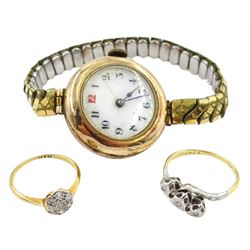 Two 18ct gold diamond chip rings, both stamped and a 9ct gold wristwatch, hallmarked, on an expanding gilt bracelet