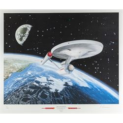 Limited edition Star Wars print 'The Voyage Begins' by Stewart Robinson numbered 516/1701, framed above three signed photographs of William Shatner as Captain James T. Kirk, Leonard Nimoy as Mr Spock and The Star Trek Legendary Four, all with certificates of authenticity verso, frame H109cm, W90cm