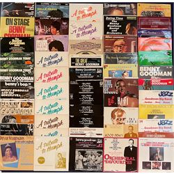 Mostly Jazz vinyl records including 'Benny Goodman Live at Carnegie Hall 40th Anniversary Concert' two record set, 'Capitol Jazz Classics Bebop Spoken Here Benny Goodman Charlie Barnet', 'Dinah Washington The Jazz Sides The EmArcy Jazz Series', 'Nat Gonella And His Trumpet', 'Harry James First-Team Player On The Jazz Varsity' etc, approximately 120 