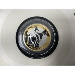 Five The Royal Mint Royal Mail silver proof coin covers, comprising 2021 'HG Wells' with two pounds, 2021 'HM The Queen's 95th Birthday' with five pounds, 2022 'Her Majesty The Queen's Platinum Jubilee 70 Years' with five pounds, 2022 'Her Majesty The Queen's Platinum Jubilee 70 Years' with fifty pence and 2022 '150 Years of The FA Cup' with two pounds, all in Royal Mail card boxes