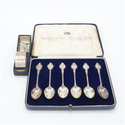 Set of six 1930s commemorative coronation teaspoons, each depicting a different monarch with their coronation date, hallmarked Josiah Williams & Co,  London 1936, in fitted case, together with a silver napkin ring with personal engraving, hallmarked Walker & Hall, Sheffield 1894, in fitted case