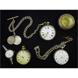 Edwardian silver fusee lever pocket watch by Bravingtons, case by William Ehrhardt, Birmingham 1912, on silver Albert chain, Victorian silver fusee lever pocket watch, case by James Walker, London 1861, on nickle plated chain, silver keyless lever pocket watch, and a silver manual wind wristwatch, London import marks 1913