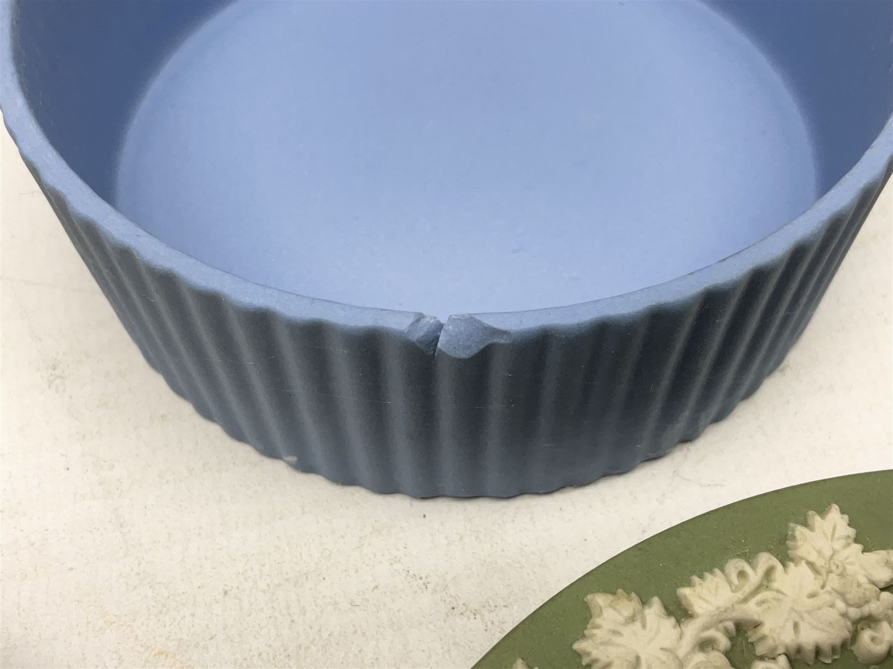 Wedgwood Jasperware to include lilac trinket box with original box, light blue vases, trinket dishes, boxes etc, together with a walnut box, coins and other collectables 