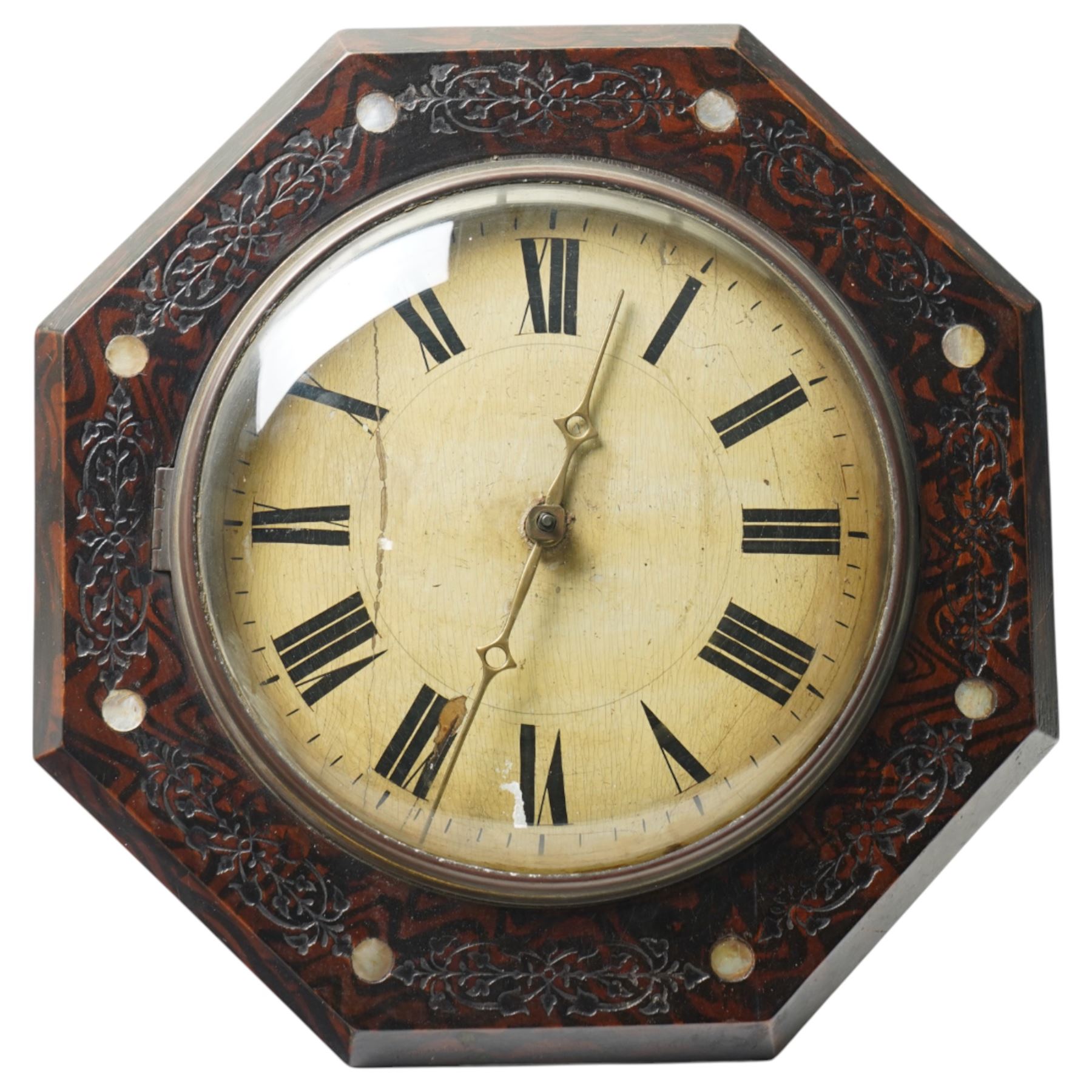 German-Late 19th century 30-hour Black Forest wall clock with an octagonal dial and inlaid mother of pearl decoration, painted 7