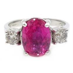  18ct white gold oval pink sapphire and diamond three stone ring, hallmarked, sapphire 2.6 carat  