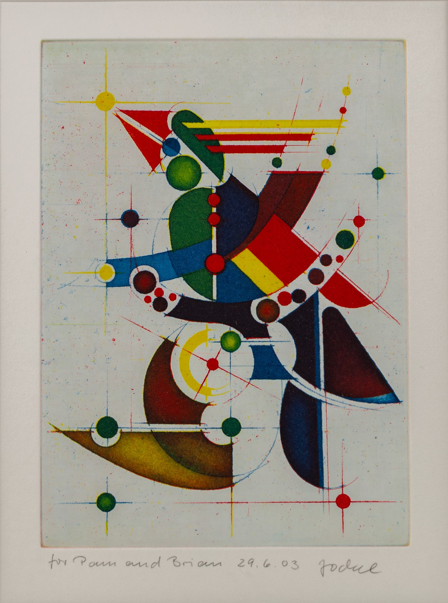 Hans-Joachim 'Jockel' Reisner (German 1938-2023): 'Arche Noah' and Geometric Abstract, pair of coloured etchings signed and dated 1998 and 2003, one titled in pencil 22cm x 15.5cm (2)
Notes: Reisner is best known for creating the Bradford City Fire Memorial in 1986. His style of printmaking is characterised by geometric lines and shapes, influenced by his degree in engineering.