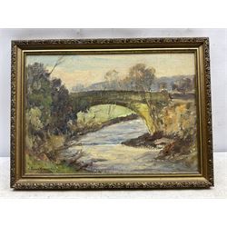 Owen Bowen (Staithes Group 1873-1967): A Stone Bridge at Dusk, oil on canvas laid on board signed 24cm x 34cm