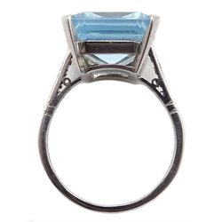  Platinum emerald cut aquamarine ring with diamond set shoulders, hallmarked   