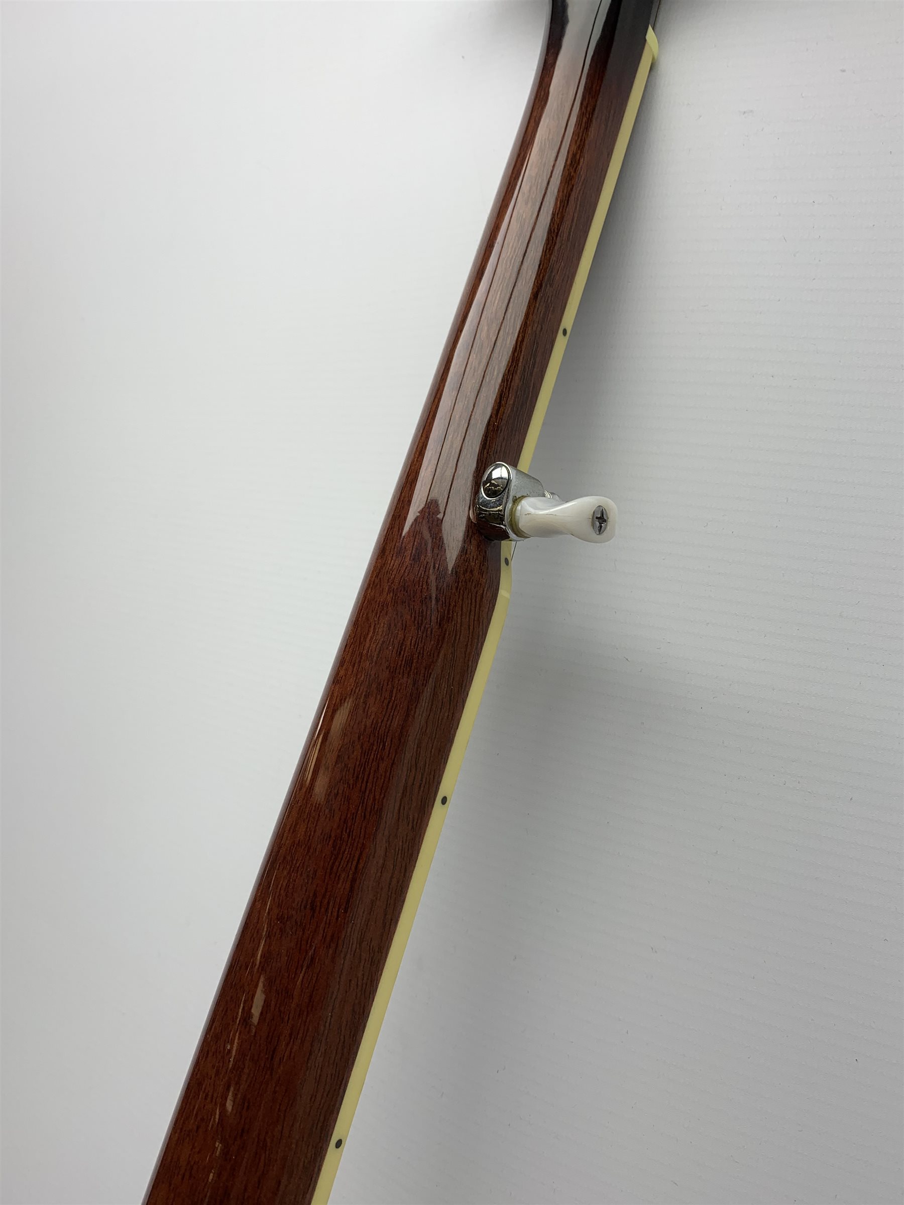 American/Korean Fender mahogany five-string banjo with mother-of-pearl inlaid rosewood finger board, serial no.KD03080778, L99cm, in TGI soft carrying case