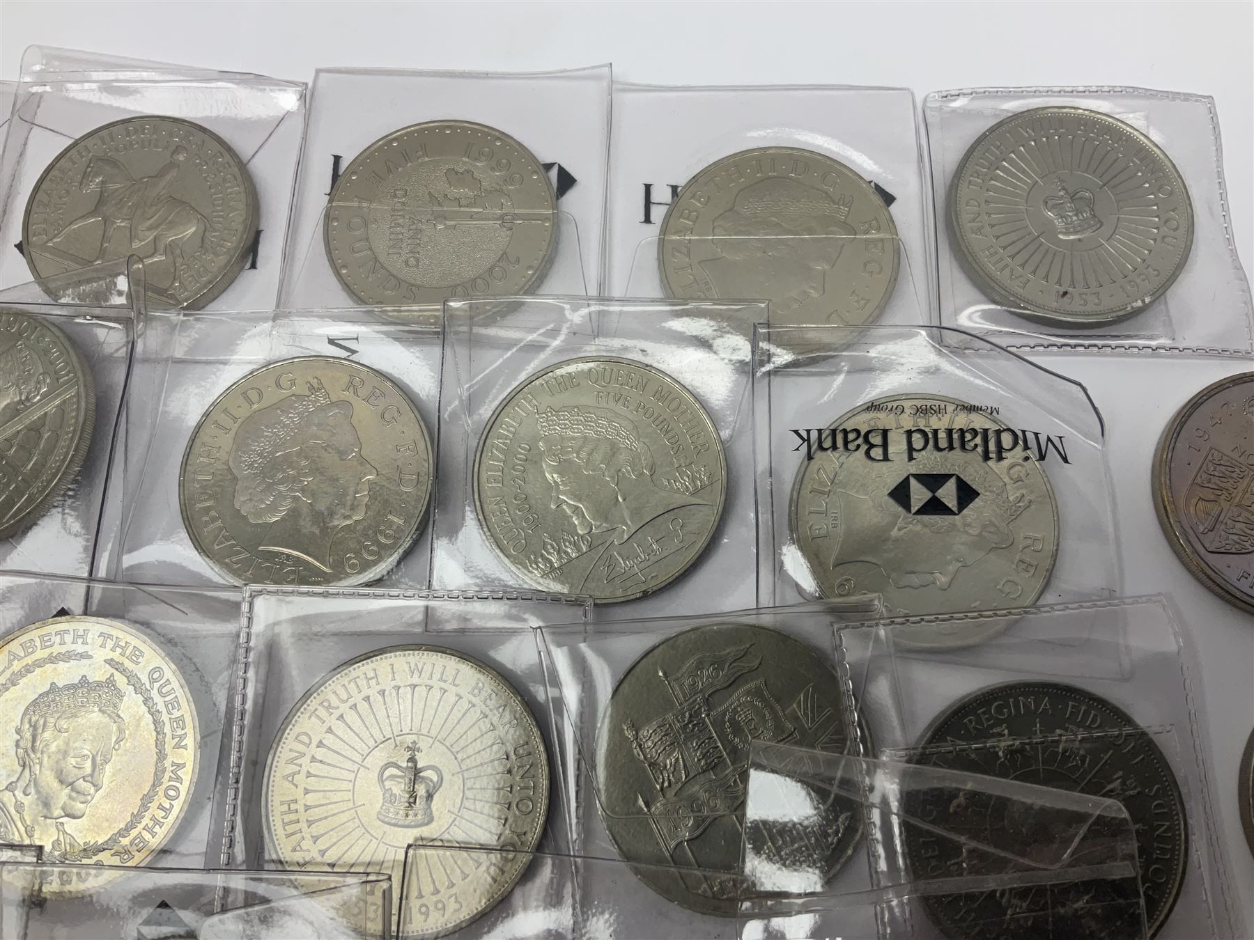 Thirty-six Queen Elizabeth II cupronickel five pound coins 