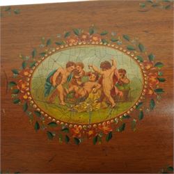 Edwardian painted mahogany and satinwood music cabinet, of rectangular form with domed hinged lid, the front and top decorated with hand-painted floral garlands and a central neoclassical panel depicting cherubs, raised on square tapering legs with gilt highlights
