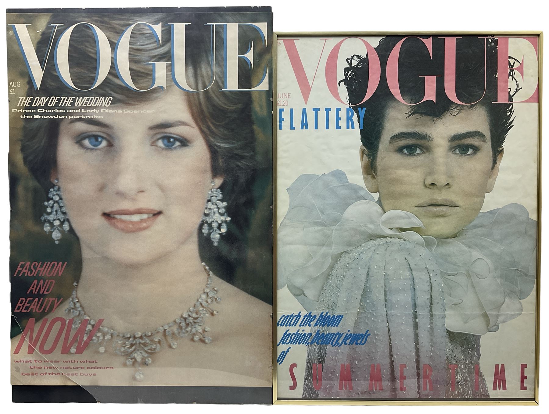 Vintage British Vogue Magazine Cover Posters from Feb, April & August 1981, June 1982, March & June 1983, with cover shots of Lisa Ryall, Susan Hess, Lady Diana Spencer, Jerri Narr, Nancy DeWeir and Beth Rupert,  67cm x 48cm (6)