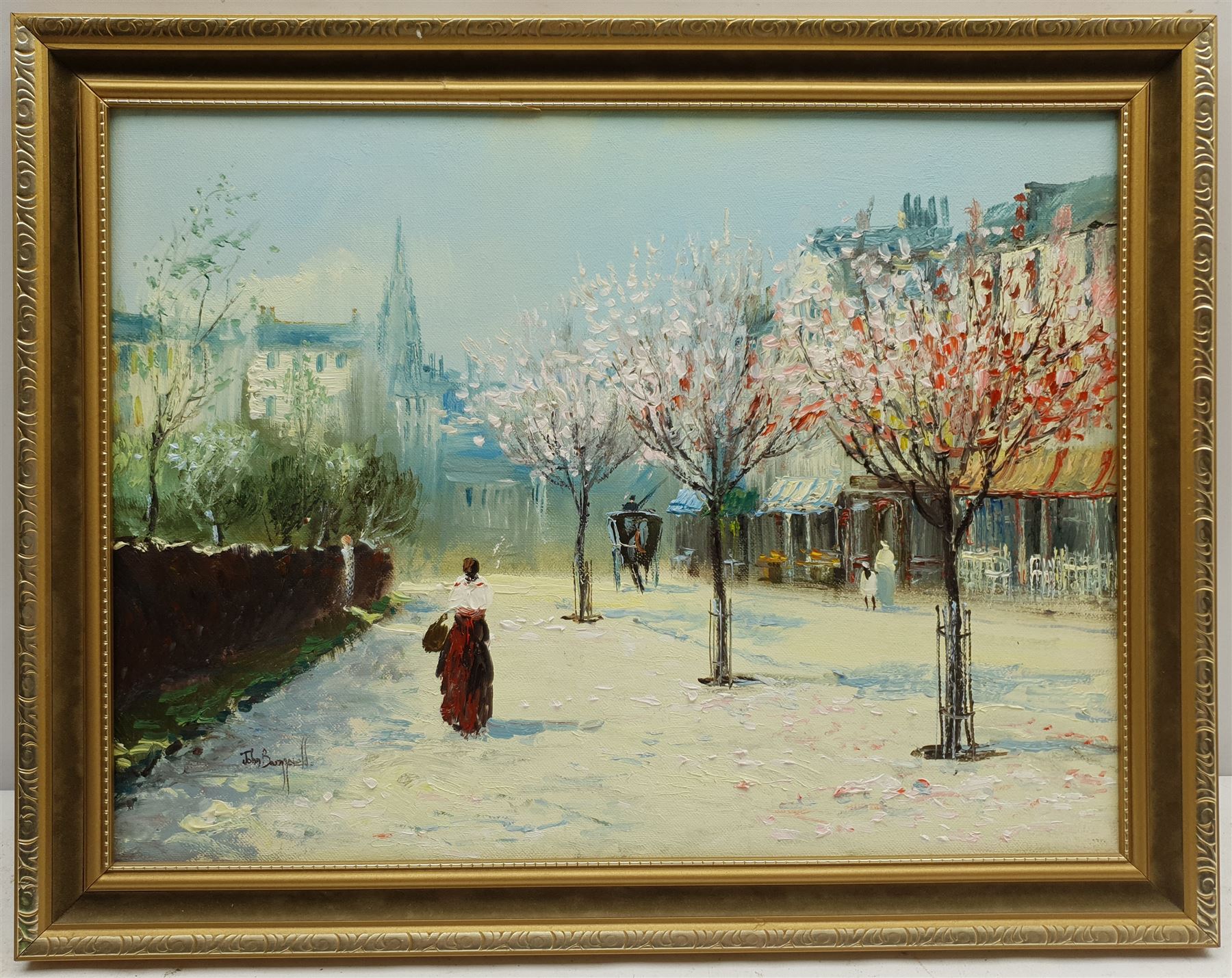 John Bampfield (British 1947) Blossom Lined Street, oil on canvas