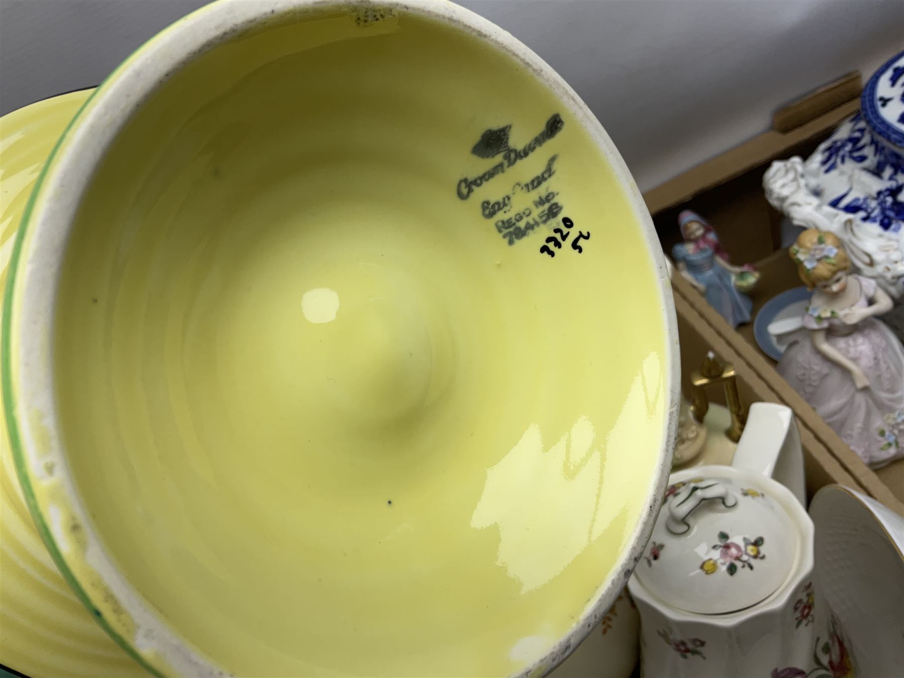 Royal Worcester miniature loving cup, Royal Doulton Wendy figure HN 2109, Lladro dish, two Giuseppe Armani figures, Staffordshire style figural vase, Crown Devon Fieldings blush ivory ewers and twin handled vases, Villeroy & Boch, Royal Doulton, Carlton Ware, Masons ironstone, other ceramics, teawares etc in four boxes