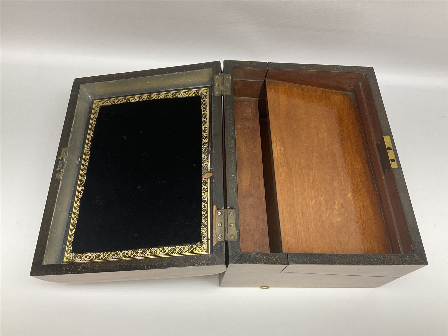 Victorian mahogany writing slope, the brass bound hinged cover opening to reveal tooled leather and gilt interior with two glass inkwells, together with a similar parquetry inlaid writing slope, with central mother of pearl inlay enrgraved 'Sarah', tallest H17cm 