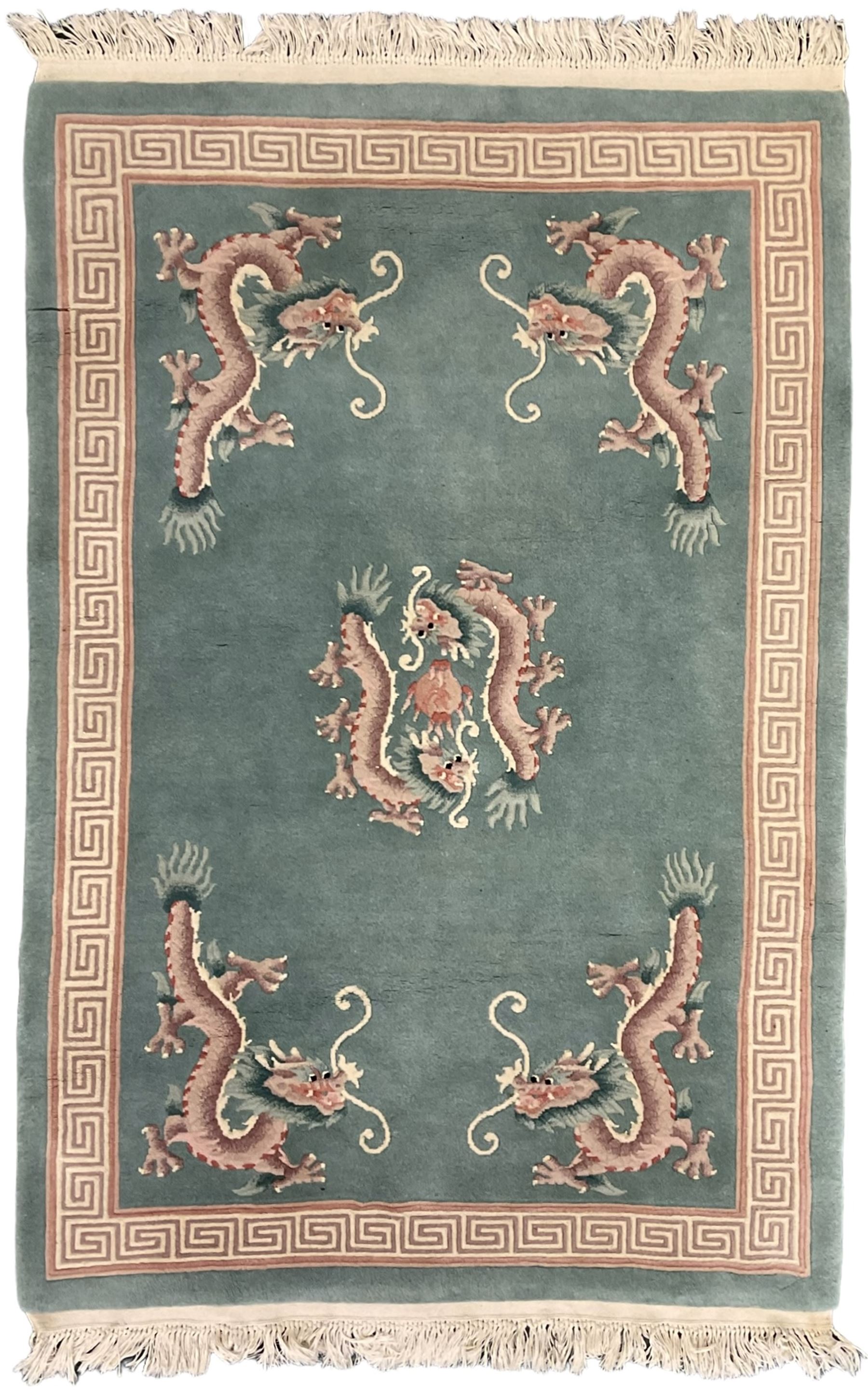 Chinese jade ground woollen rug decorated with dragons 