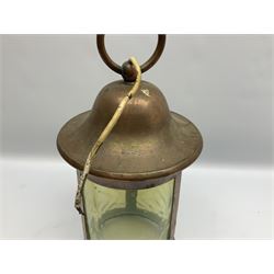 Arts & Crafts copper lantern with Vaseline glass shade, of cylindrical form with domed top and large circular suspension ring, overall H40.5cm