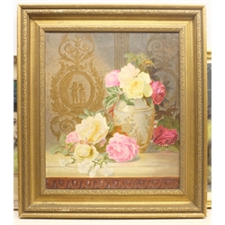 Arthur Burnett (British 20th century): Young Woman in a Garden, pastel signed and dated 1965, together with another unsigned pastel of two girls playing string instruments, and a still life oil on canvas unsigned, max 53cm x 45cm (3)