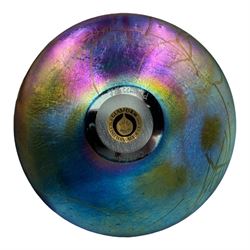 John Ditchfield for Glasform disc paperweight in iridescent purple with green lily trail and a pair of silver hallmarked frogs to top, D14cm