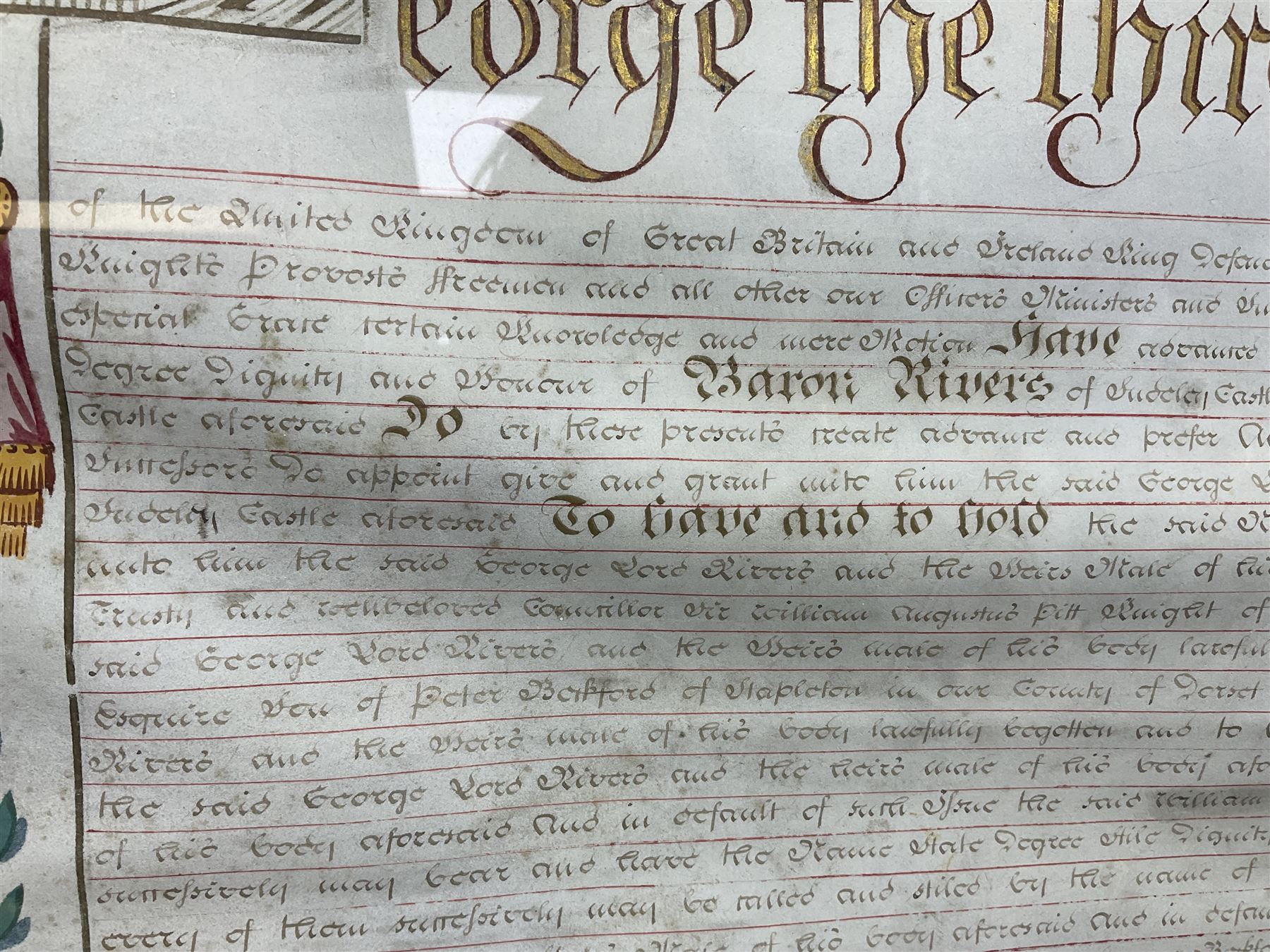 Large 18th century framed and glazed Indenture for King George III to George Rivers, Lord Rivers of Straths Saye, including frame H92.5cm L107.5cm