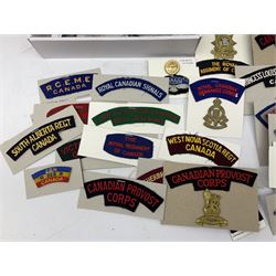 Canadian metal and cloth badges, including Princess Patricias Canadian Light Infantry, Ontario Regiment, 29th Waterloo Regiment, Grenadier Guards, Logistics, Combined Services, Saskatchewan Dragoons, Irish Regiment of Canada, Sakatoon Light Infantry etc