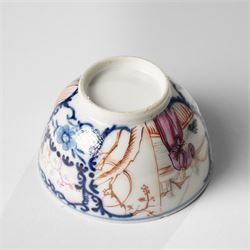 Two pairs of 18th/19th century Chinese export tea bowls and saucers, the first decorated in the 'Mandarin Palette' in typical colourways, the other famille rose examples painted with figures near a window, all unmarked (4)