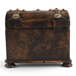 19th century tea caddy, with enhanced woodgrain design,  with brass and mother of pearl mounts, H13cm, L16cm