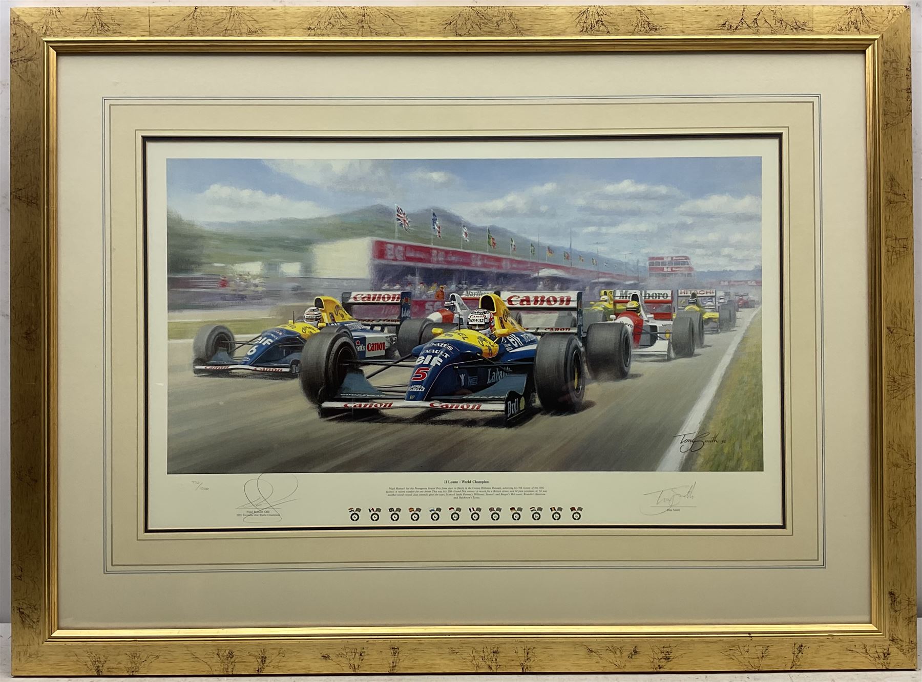 Tony Smith (British 20th century): 'Il Leone - World Champion', limited edition print signed and numbered in pencil 43cm x 69cm; Debra Wenlock (British Contemporary): Racing Scene, watercolour signed 42cm x 50cm (2)