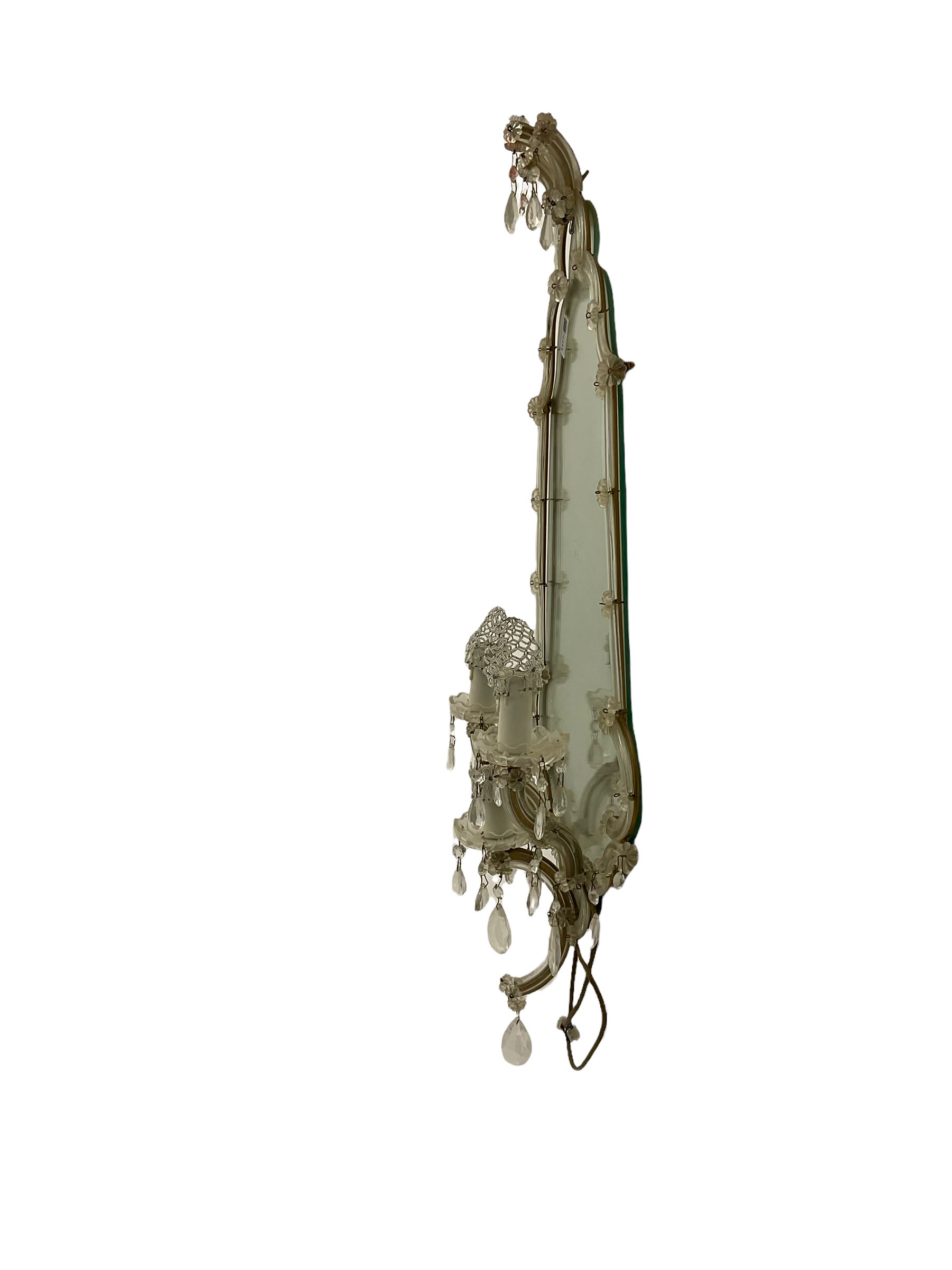 Mid to late 20th century Venetian style glass girandole or mirror, shaped frame and decorated with glass droplets, triple branch electroliers 