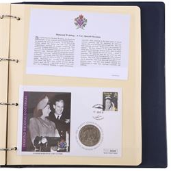 Coin and medallic covers, including 1984 first day issue Scottish one pound coin, 1999 Rugby World Cup with two pound coin, other one pound and two pound coin covers, various Royalty commemorative coin covers etc and various commemorative stamp, housed in five folders