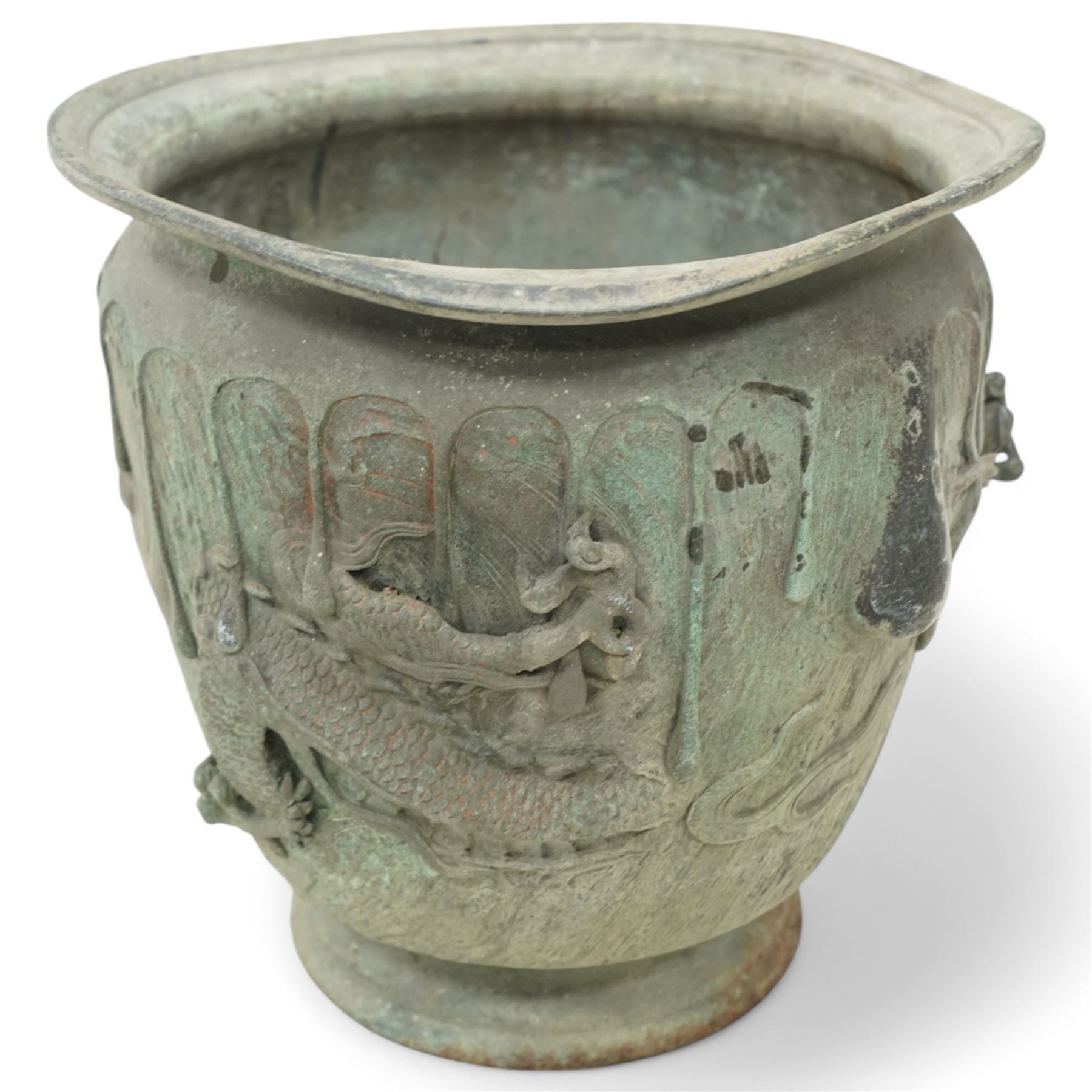 Late 19th/Early 20th Japanese bronze jardiniere, decorated with a raised pattern of dragons chasing flaming pearls H35cm x D36cm