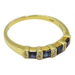 14ct gold princess cut sapphire and round diamond ring, London import marks 1987